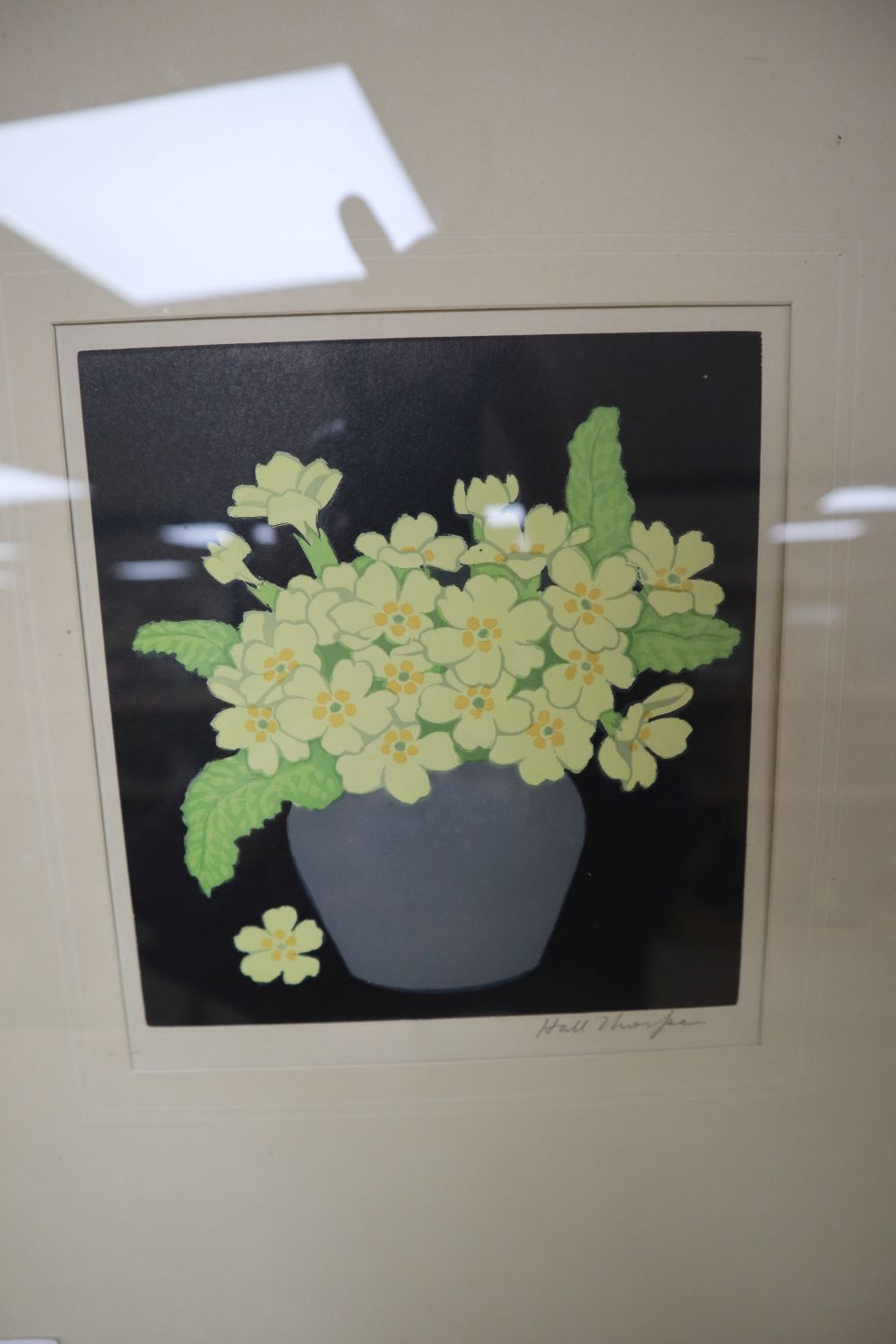 Eric Hall Thorpe, woodcut in colour, Primroses in a vase, signed in pencil, 18 x 16cm